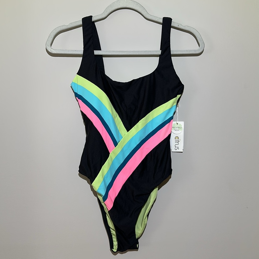 Citrus Black Swimsuit with Colorful Stripes size XS NWT